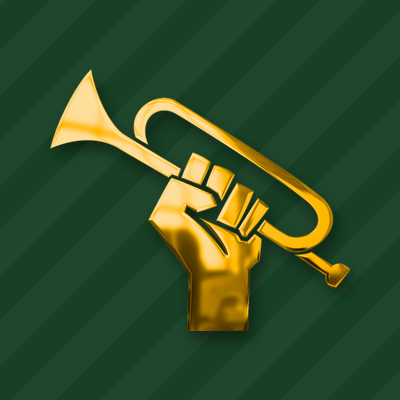 Unpresidented Brass Band logo: a gold fist holding a trumpet on striped green